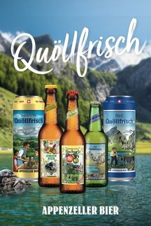 Verschiedenes Quöllfrisch Bier. Im Hintergrund ist ein See und Berge