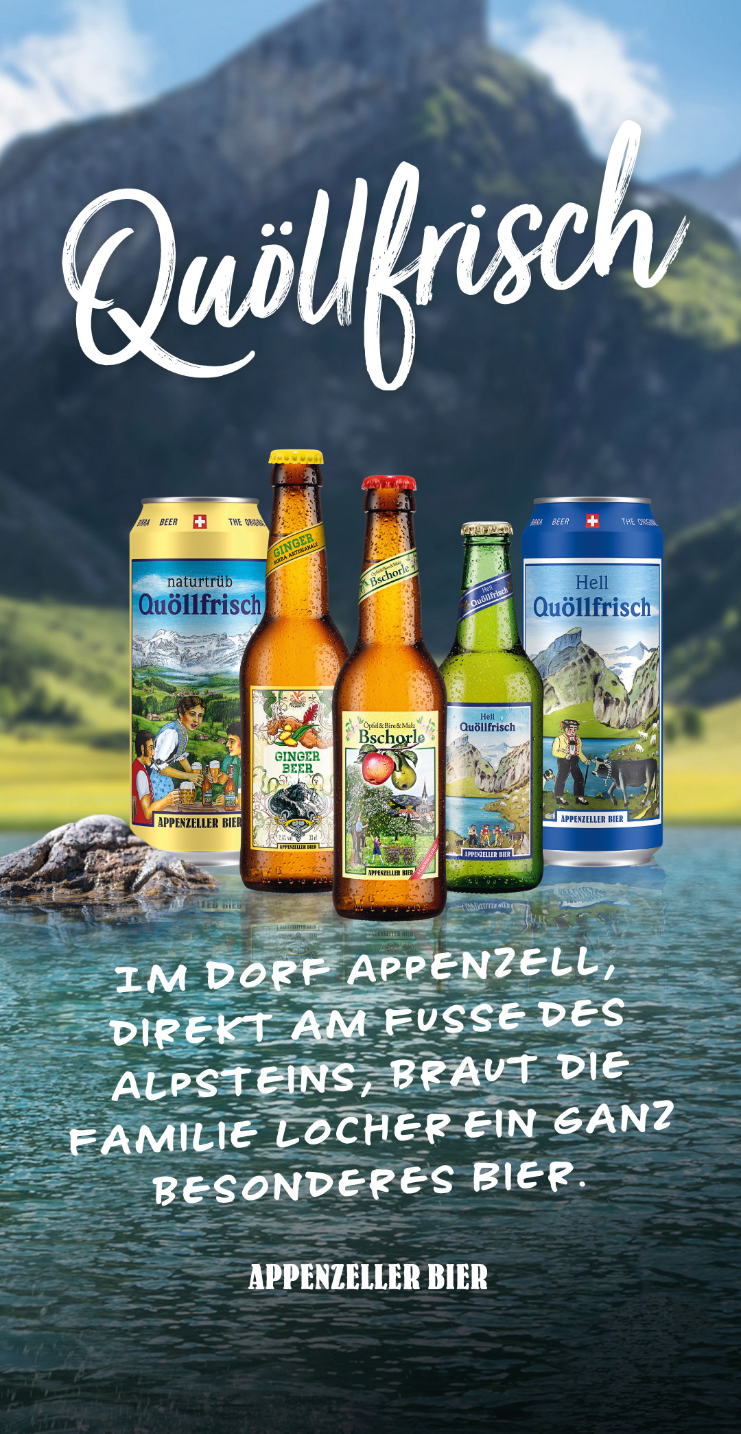 Verschiedenes Quöllfrisch Bier. Im Hintergrund ist ein See und Berge