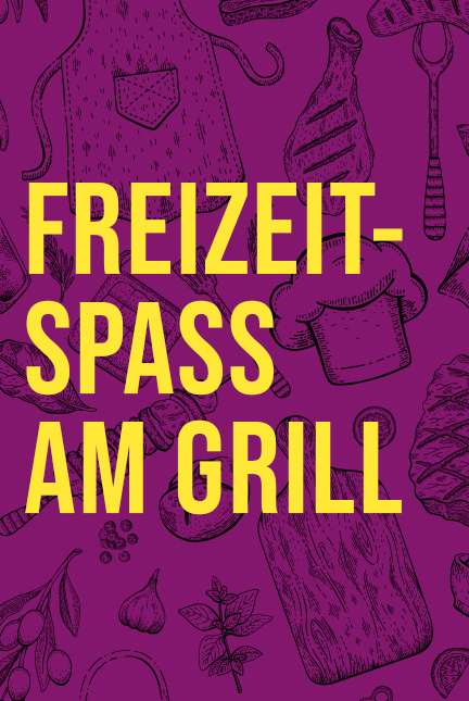 Buchcover mit dem Titel „Freizeit-Spaß am Grill“ mit stilisiertem Text auf lila gepunktetem Hintergrund.