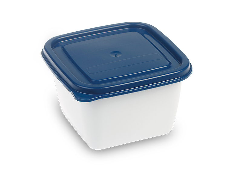 Ein kleiner, weißer Vorratsbehälter aus Kunststoff mit einem blauen, verschließbaren Deckel.